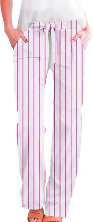 Elastic Waist Drawstring Pull On Pants for Women with Pockets Striped Print Straight Leg Linen Trousers Plus Size