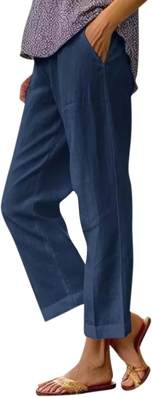 Elastic Waist Linen Pants Women Cropped Wide Leg Plus Size Crop Pants Lightweight Summer Beach Trousers with Pockets