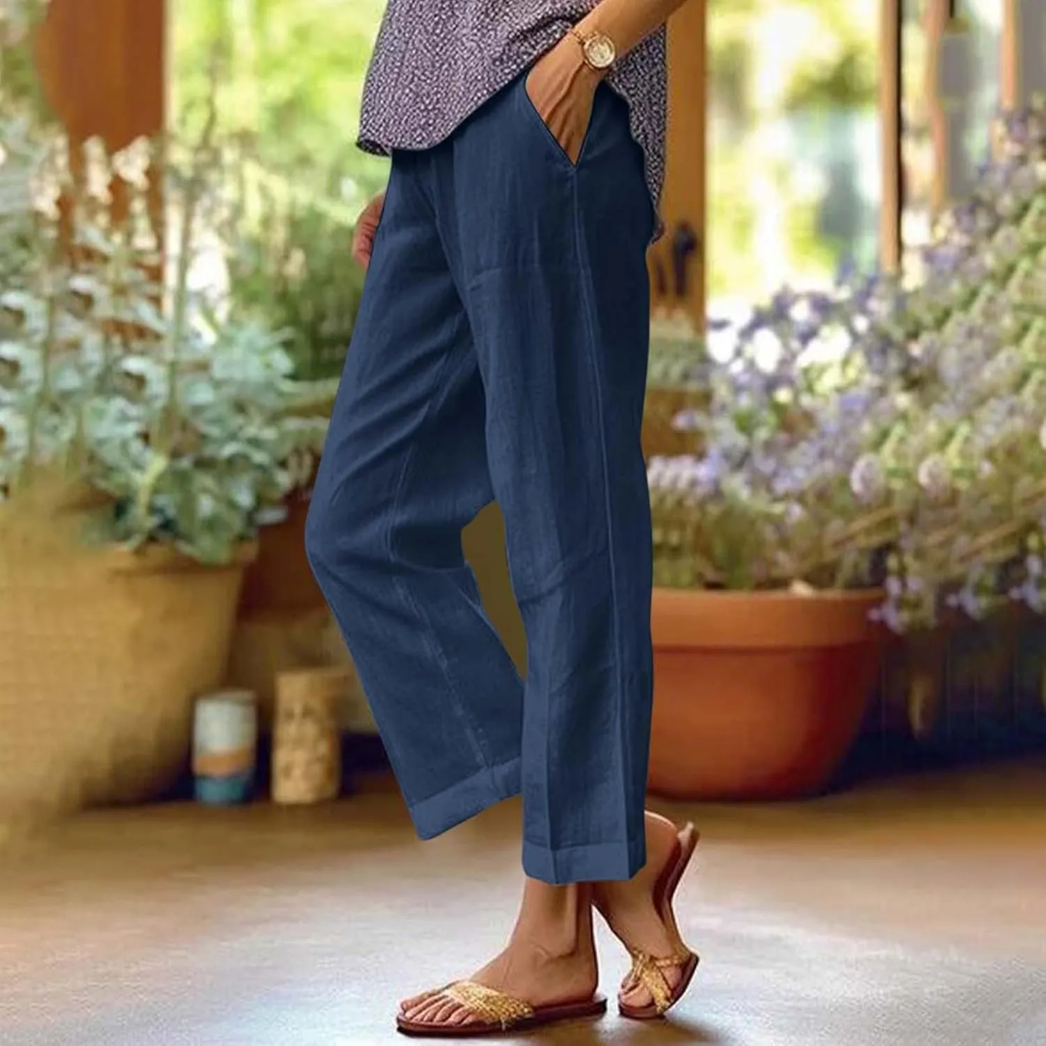 Elastic Waist Linen Pants Women Cropped Wide Leg Plus Size Crop Pants Lightweight Summer Beach Trousers with Pockets