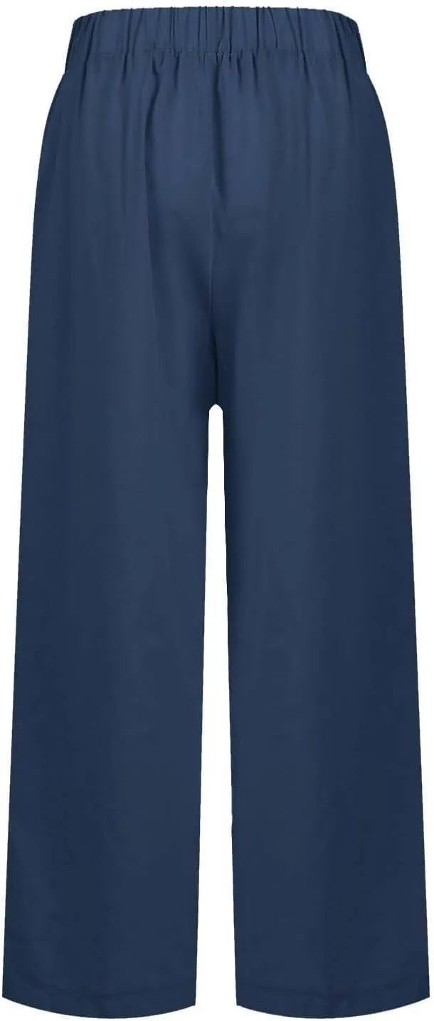 Elastic Waist Linen Pants Women Cropped Wide Leg Plus Size Crop Pants Lightweight Summer Beach Trousers with Pockets