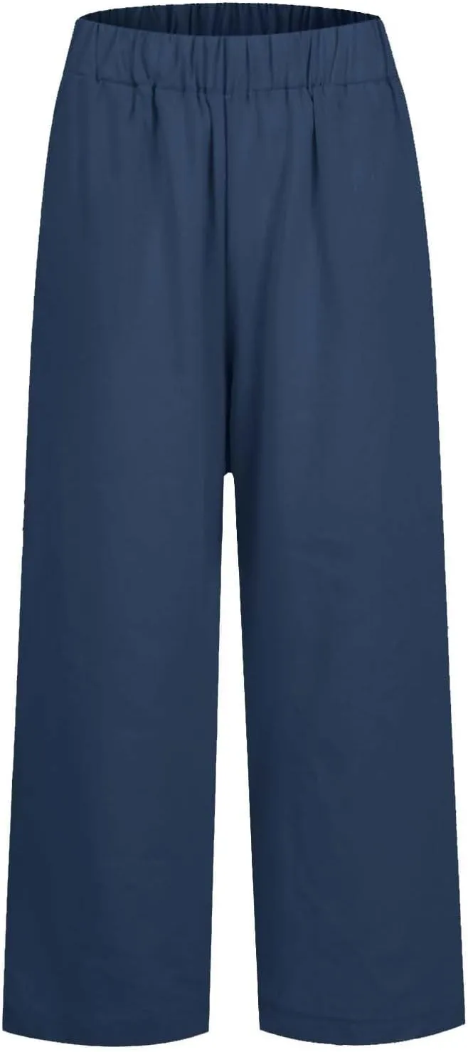 Elastic Waist Linen Pants Women Cropped Wide Leg Plus Size Crop Pants Lightweight Summer Beach Trousers with Pockets