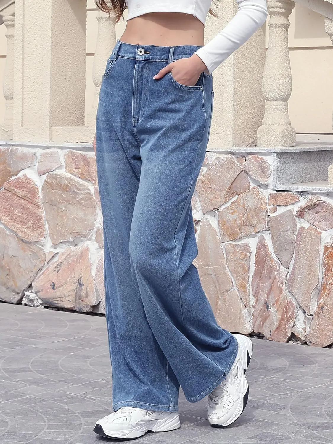 ELLEVEN High Stretchy Knit Straight Leg Sweatpant Jeans Women, Elastic Waist Wide Leg Baggy Jeans High Waisted Pull on Jeans
