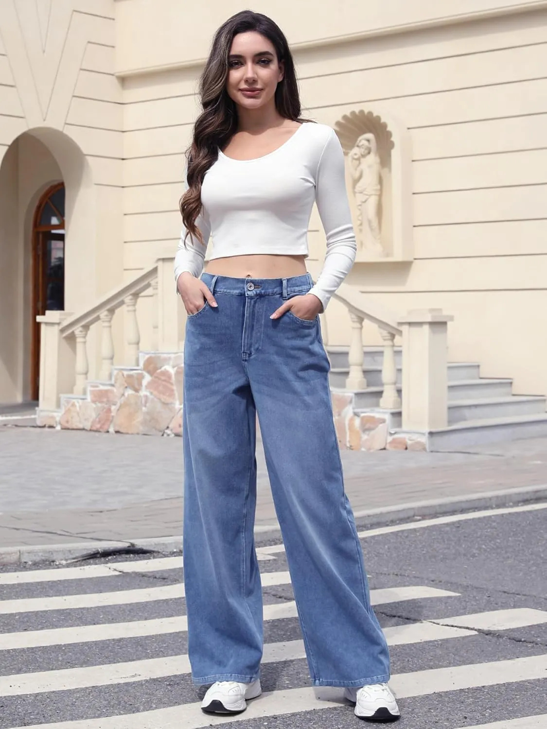 ELLEVEN High Stretchy Knit Straight Leg Sweatpant Jeans Women, Elastic Waist Wide Leg Baggy Jeans High Waisted Pull on Jeans
