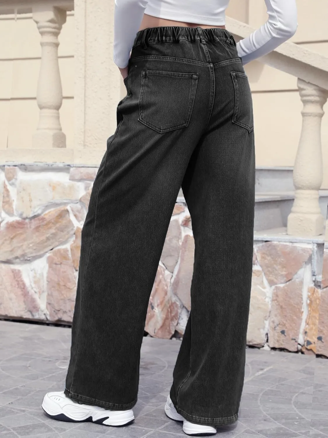 ELLEVEN High Stretchy Knit Straight Leg Sweatpant Jeans Women, Elastic Waist Wide Leg Baggy Jeans High Waisted Pull on Jeans