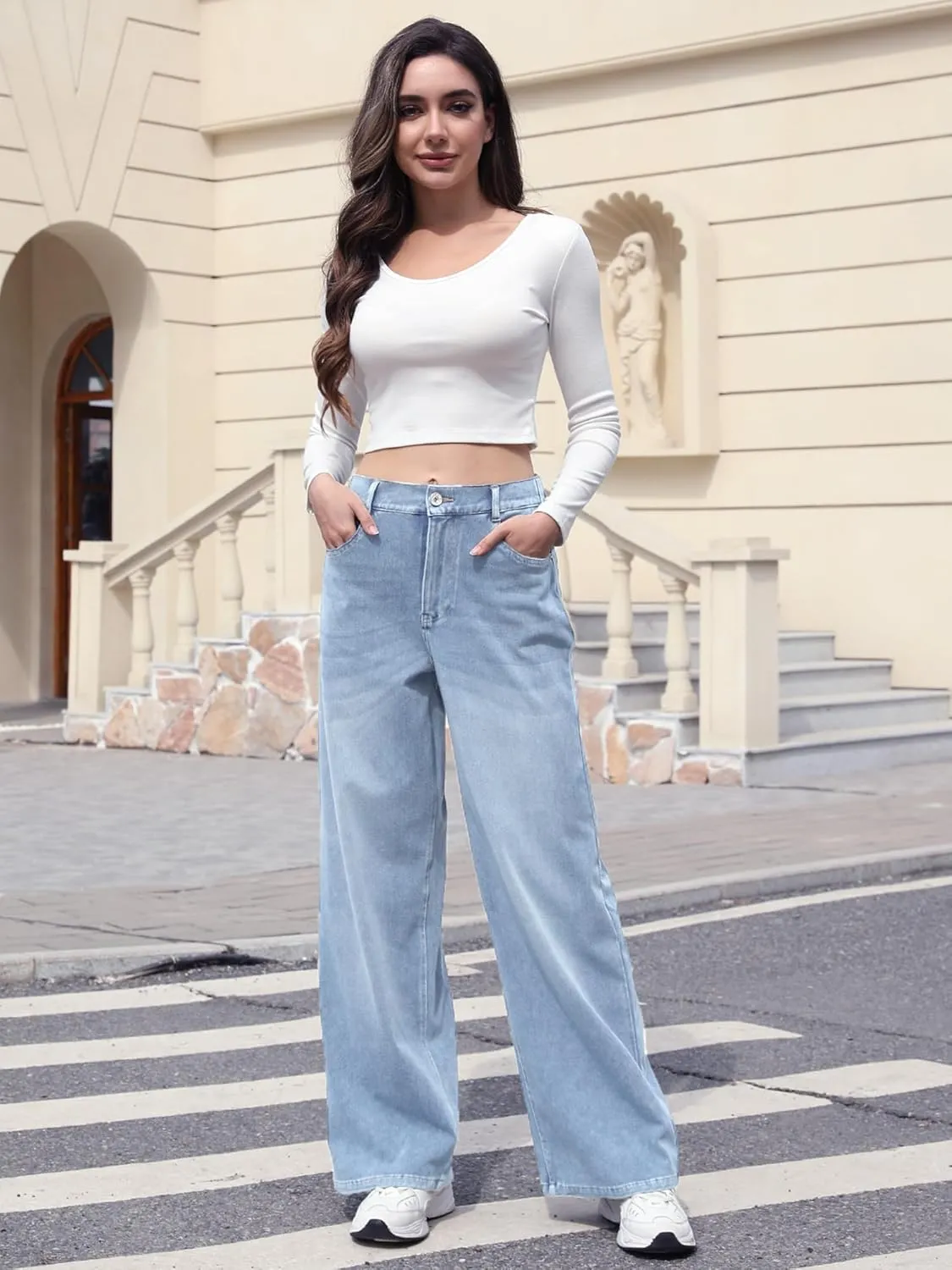 ELLEVEN High Stretchy Knit Straight Leg Sweatpant Jeans Women, Elastic Waist Wide Leg Baggy Jeans High Waisted Pull on Jeans