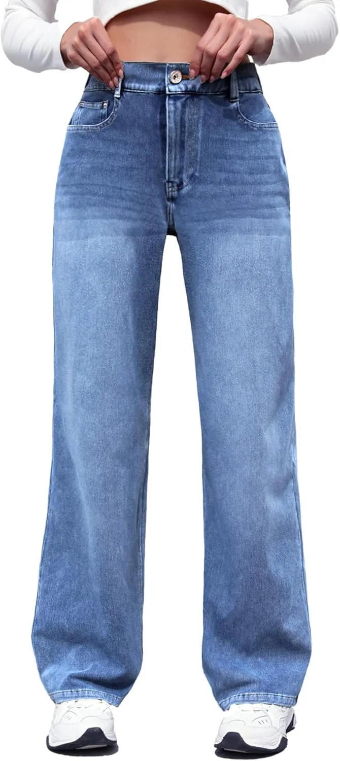 ELLEVEN High Stretchy Knit Straight Leg Sweatpant Jeans Women, Elastic Waist Wide Leg Baggy Jeans High Waisted Pull on Jeans