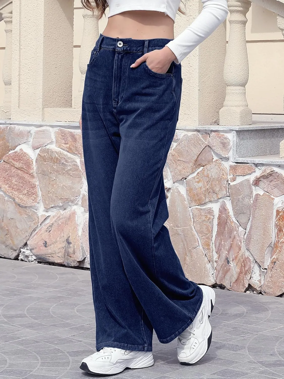 ELLEVEN High Stretchy Knit Straight Leg Sweatpant Jeans Women, Elastic Waist Wide Leg Baggy Jeans High Waisted Pull on Jeans