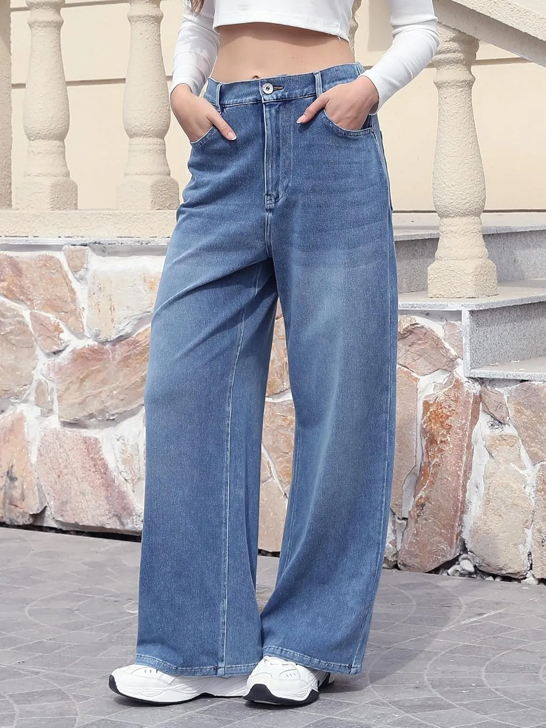 ELLEVEN High Stretchy Knit Straight Leg Sweatpant Jeans Women, Elastic Waist Wide Leg Baggy Jeans High Waisted Pull on Jeans
