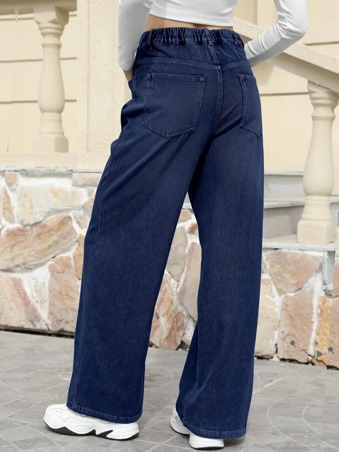 ELLEVEN High Stretchy Knit Straight Leg Sweatpant Jeans Women, Elastic Waist Wide Leg Baggy Jeans High Waisted Pull on Jeans
