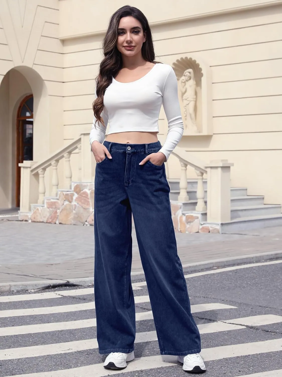 ELLEVEN High Stretchy Knit Straight Leg Sweatpant Jeans Women, Elastic Waist Wide Leg Baggy Jeans High Waisted Pull on Jeans