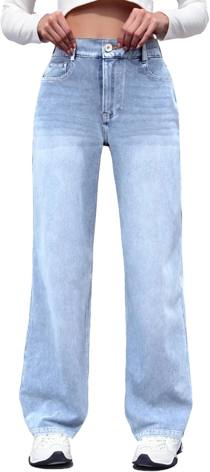ELLEVEN High Stretchy Knit Straight Leg Sweatpant Jeans Women, Elastic Waist Wide Leg Baggy Jeans High Waisted Pull on Jeans