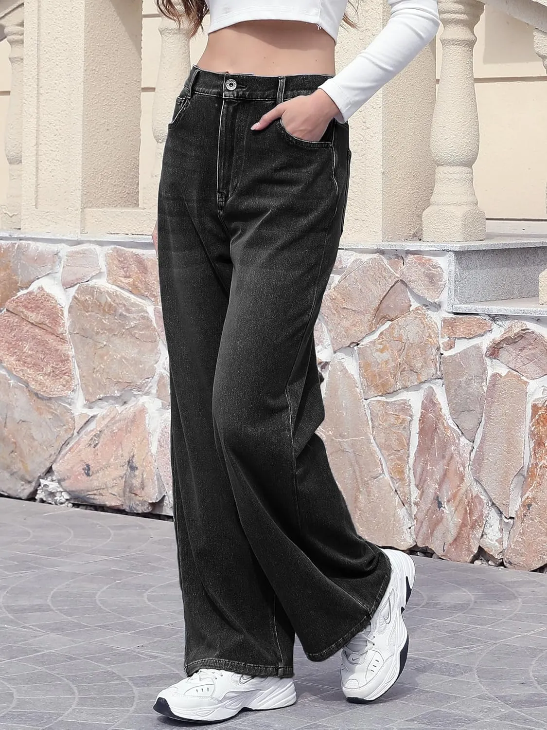 ELLEVEN High Stretchy Knit Straight Leg Sweatpant Jeans Women, Elastic Waist Wide Leg Baggy Jeans High Waisted Pull on Jeans