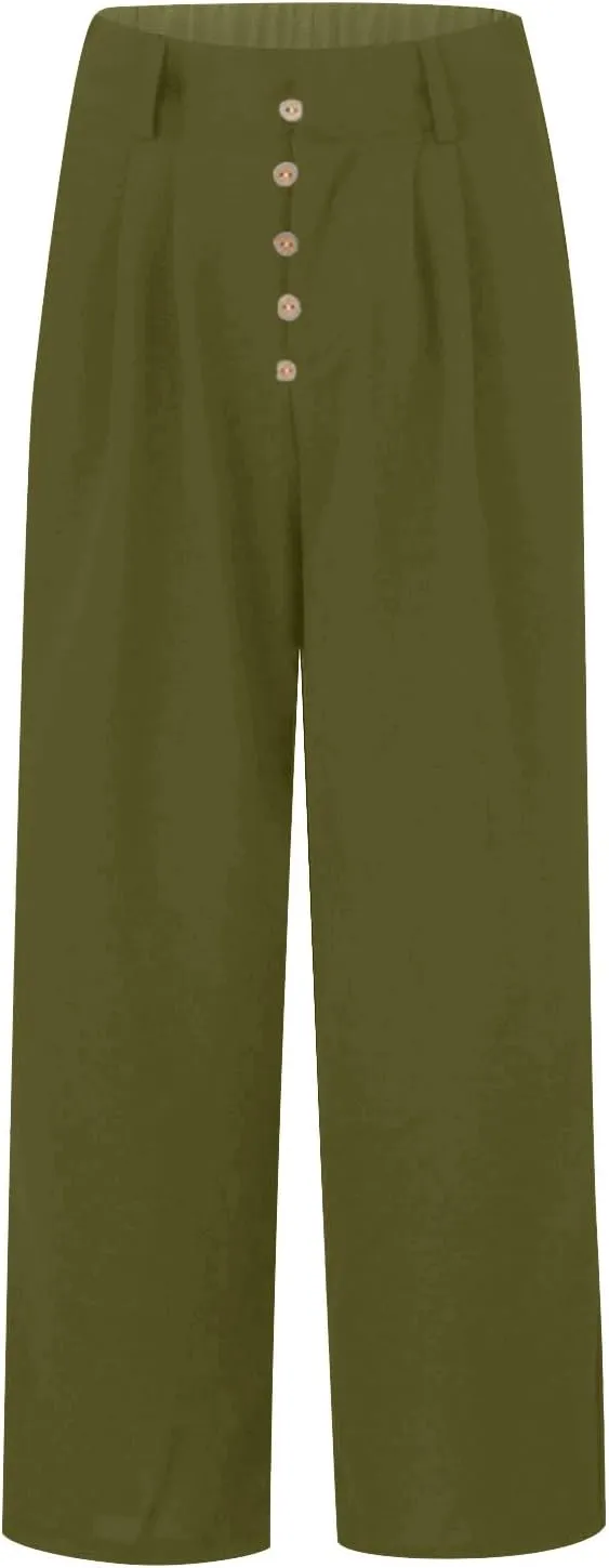 eoeioa Linen Wide Leg Dress Pants for Women Trendy High Waist Button Lounge Trousers Baggy Pockets Straight Fit Palazzo Pants