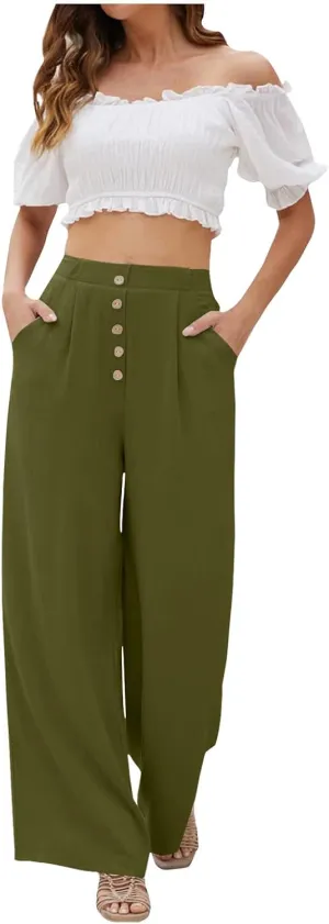 eoeioa Linen Wide Leg Dress Pants for Women Trendy High Waist Button Lounge Trousers Baggy Pockets Straight Fit Palazzo Pants