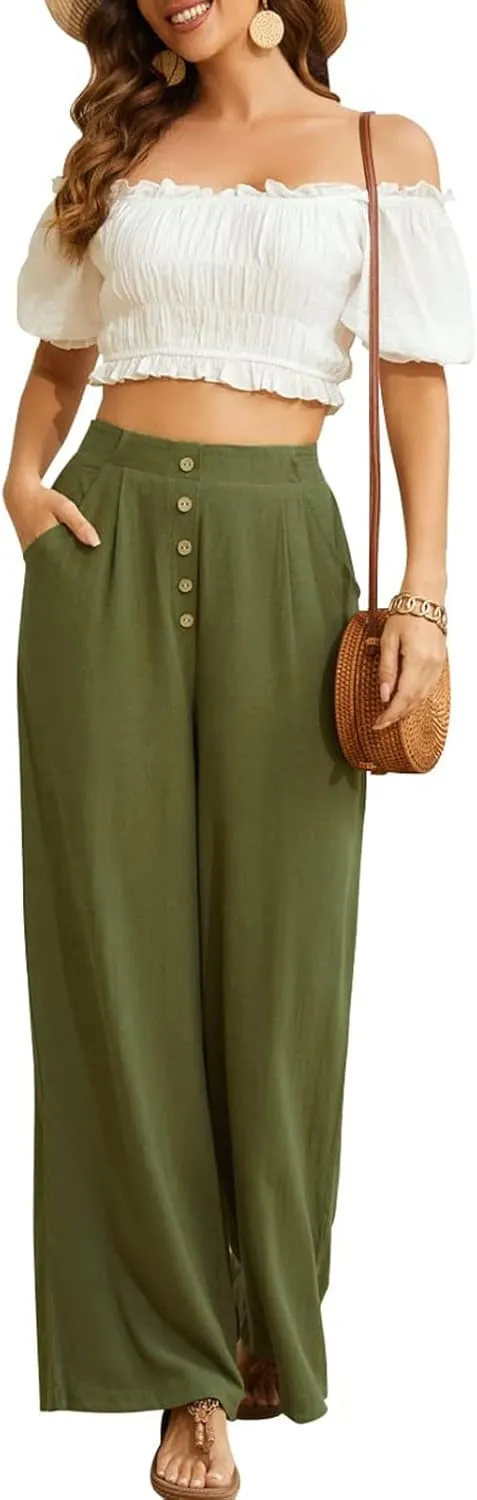eoeioa Linen Wide Leg Dress Pants for Women Trendy High Waist Button Lounge Trousers Baggy Pockets Straight Fit Palazzo Pants