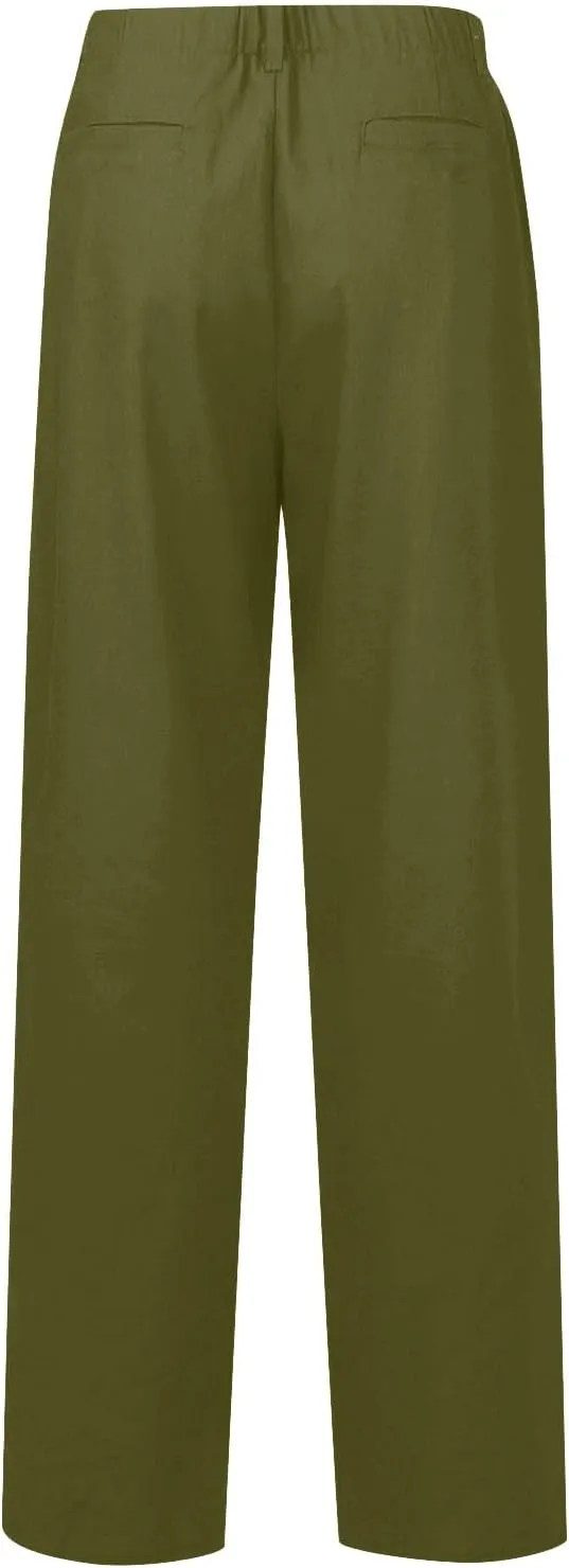 eoeioa Linen Wide Leg Dress Pants for Women Trendy High Waist Button Lounge Trousers Baggy Pockets Straight Fit Palazzo Pants