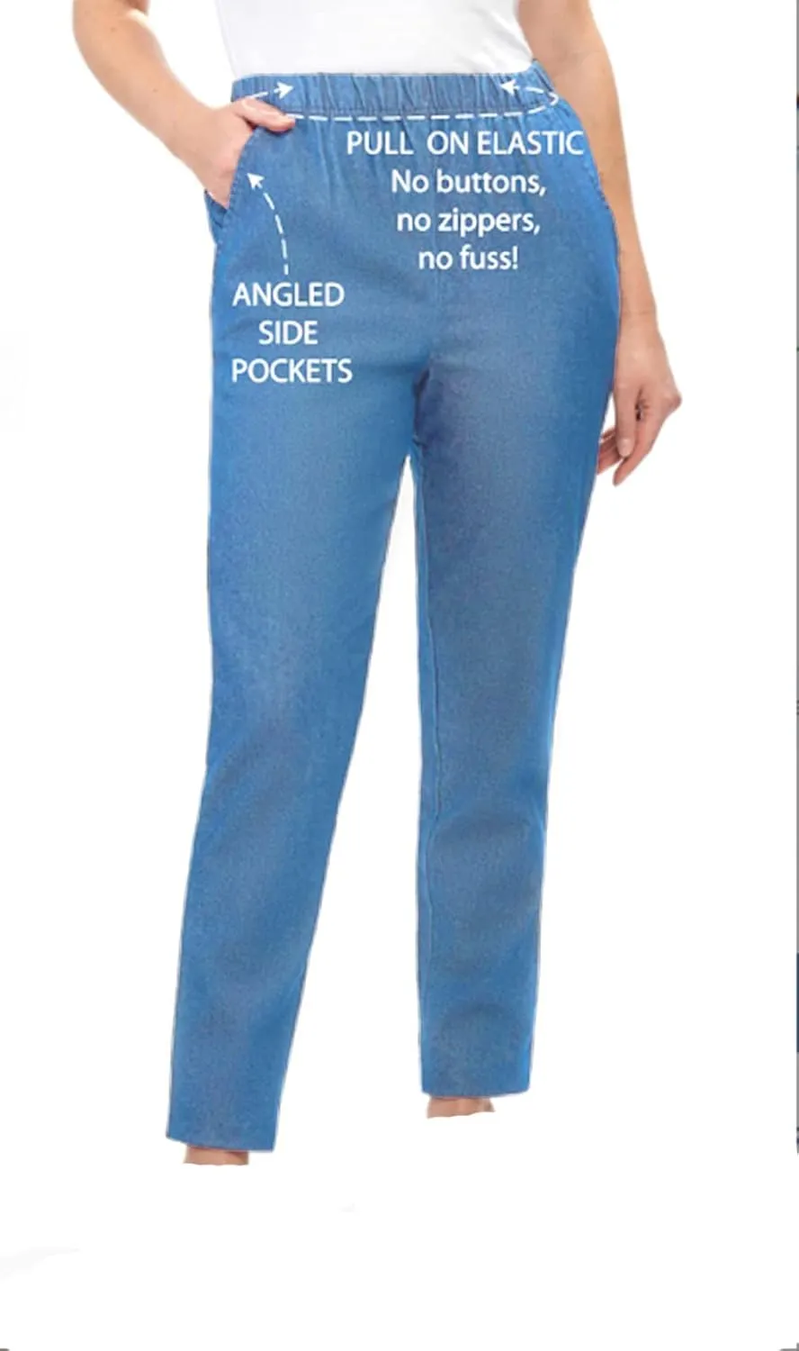 EOM Womans Pull On Side Pockets Full Elastic Waist Jeans