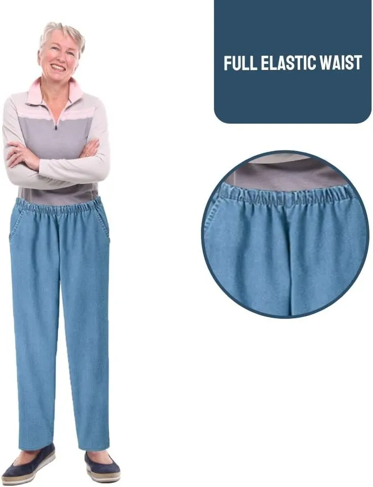 EOM Womans Pull On Side Pockets Full Elastic Waist Jeans