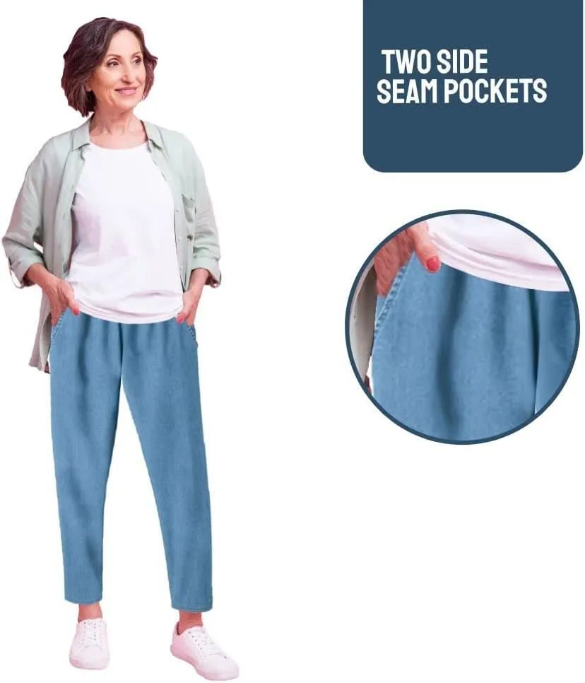EOM Womans Pull On Side Pockets Full Elastic Waist Jeans