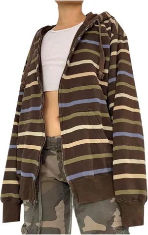 Fall Outfits For Women 2024 Trendy Zip Up Hoodie Oversized Striped Jackets For Women Lightweight With Pocket