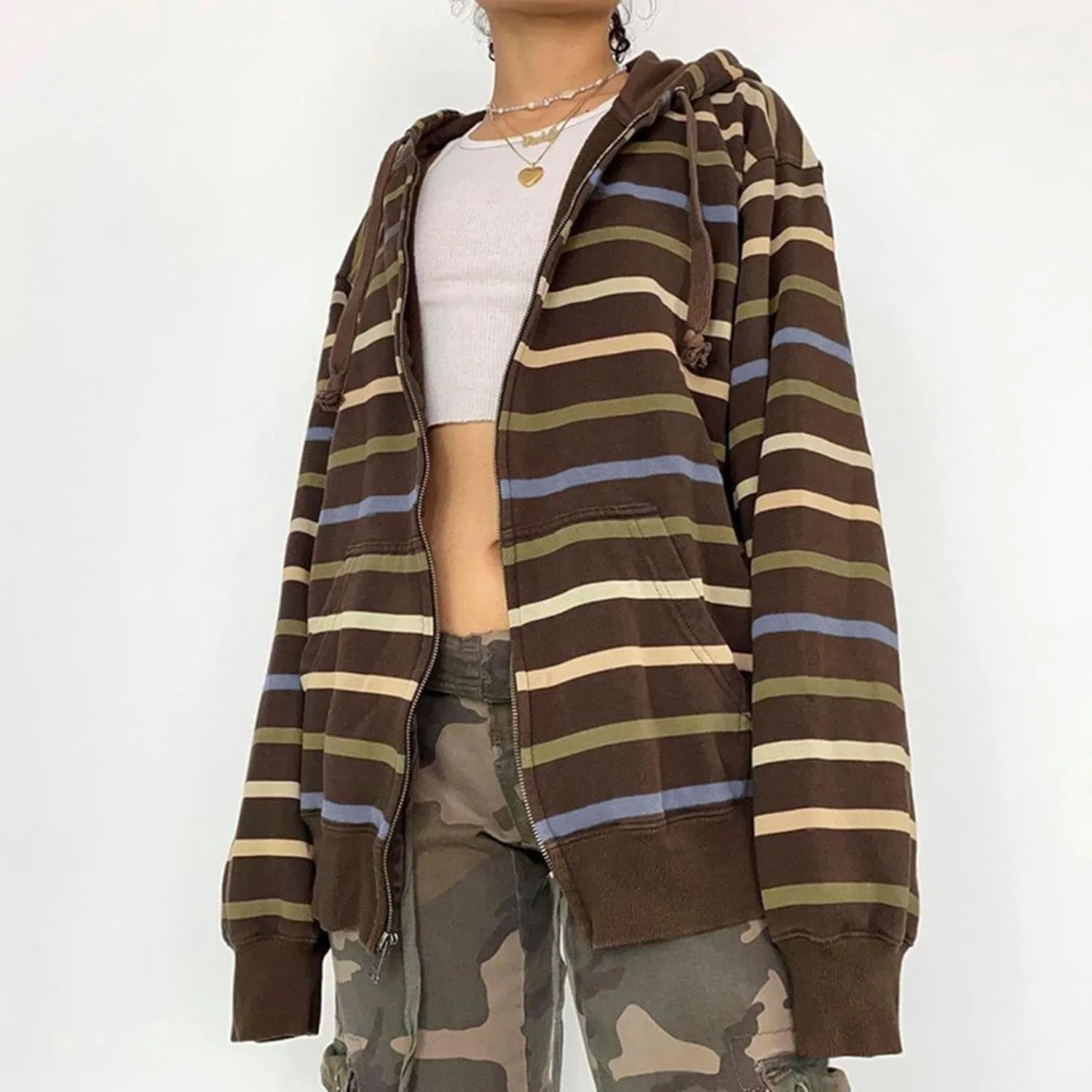 Fall Outfits For Women 2024 Trendy Zip Up Hoodie Oversized Striped Jackets For Women Lightweight With Pocket