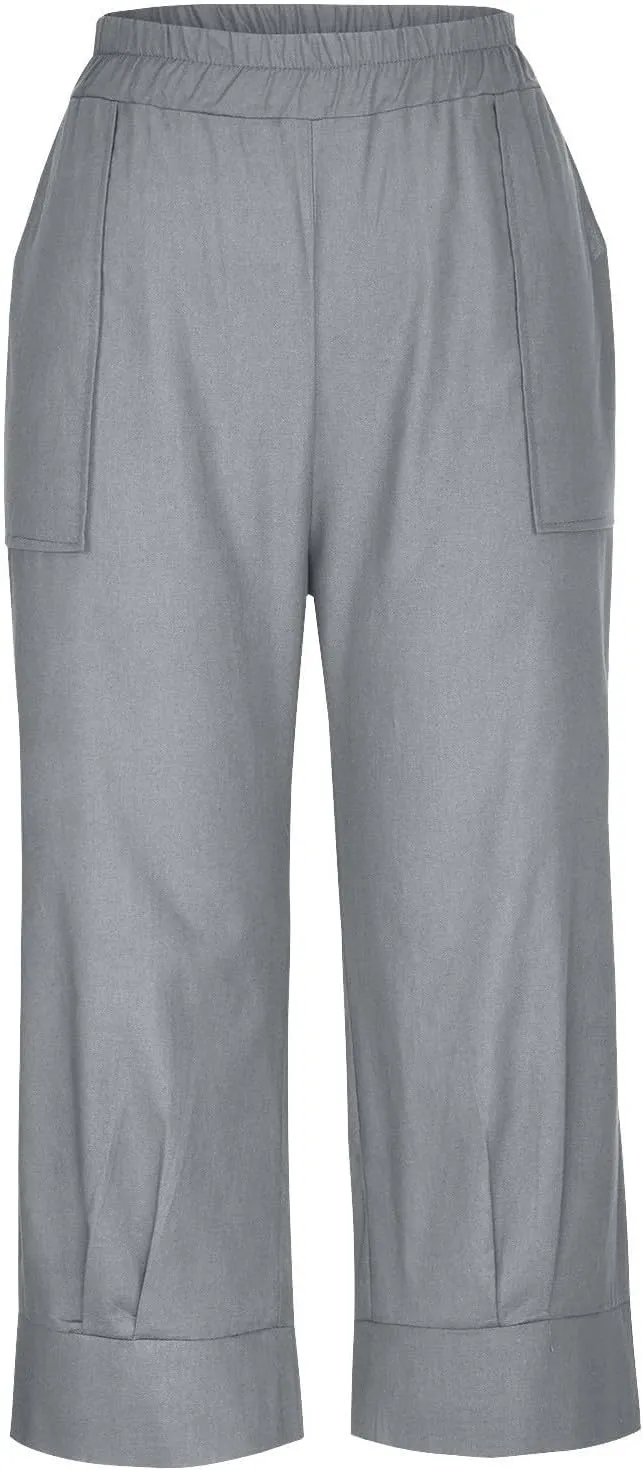 fanmpghleoo Womens Linen Capri Pants Summer Casual Straight Wide Leg Cropped Pants Elastic High Waist Trouser with Pockets