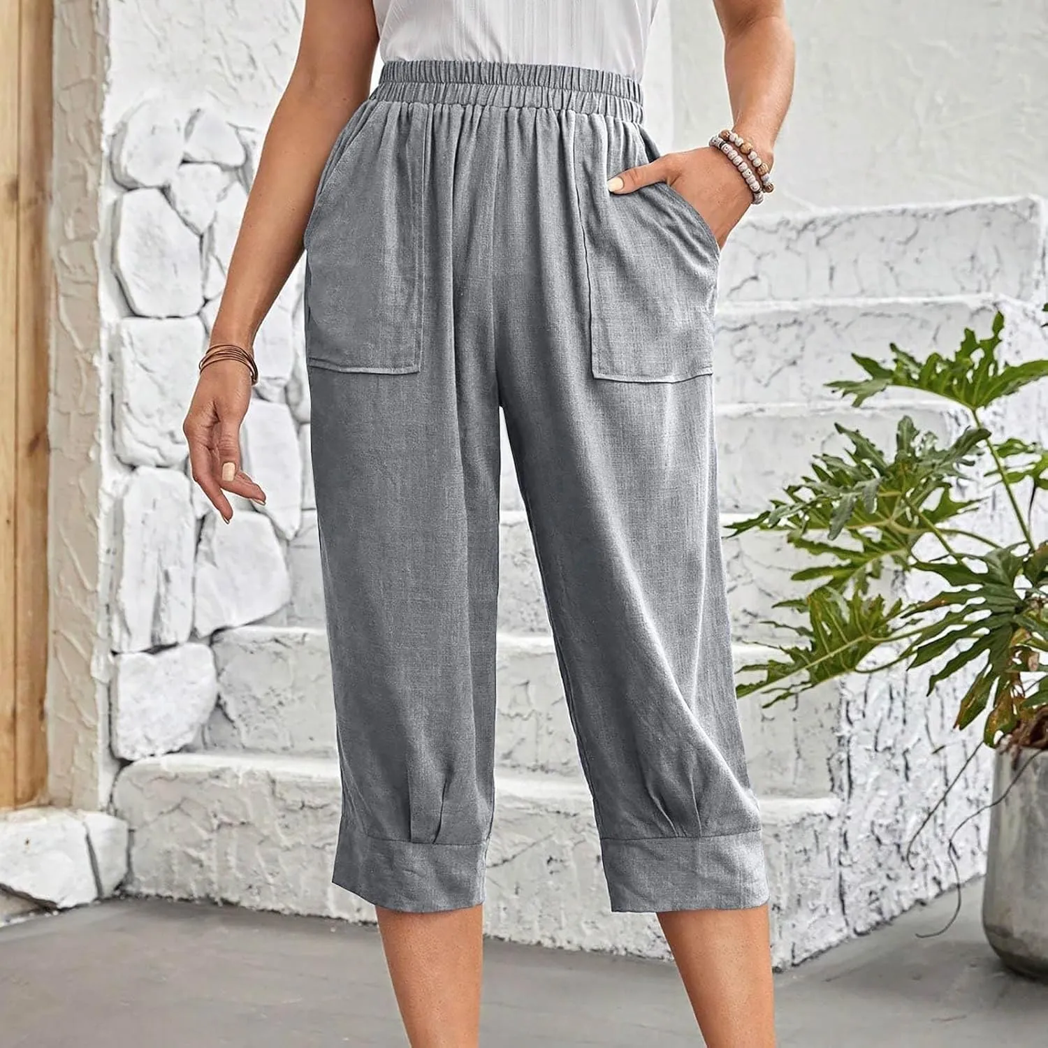 fanmpghleoo Womens Linen Capri Pants Summer Casual Straight Wide Leg Cropped Pants Elastic High Waist Trouser with Pockets