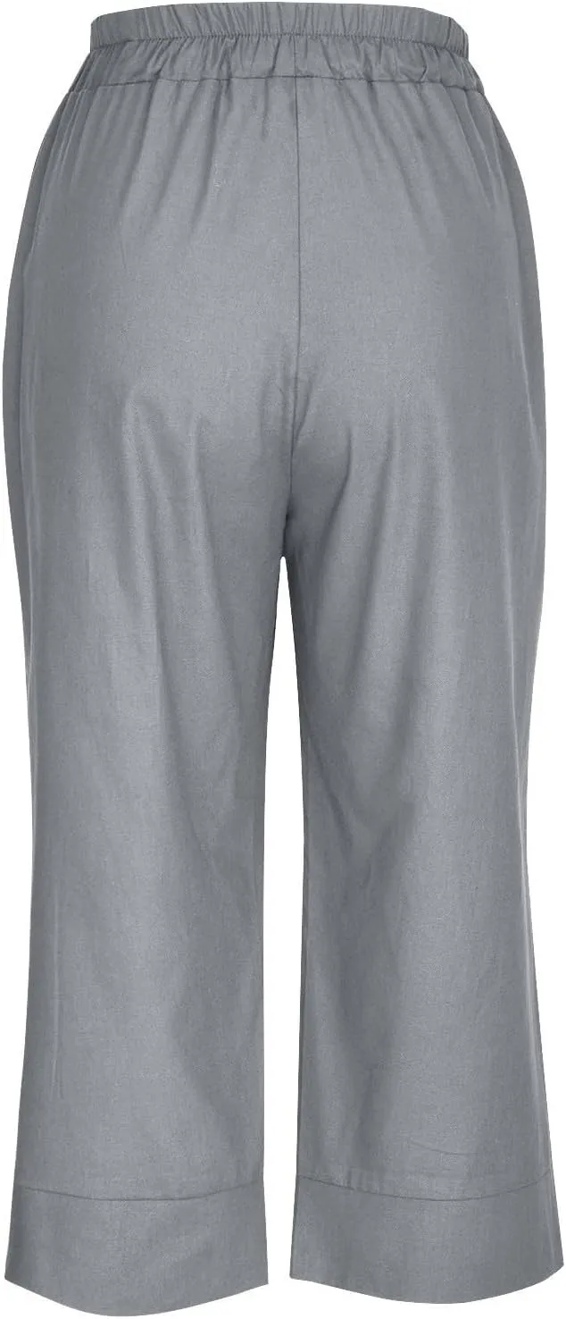 fanmpghleoo Womens Linen Capri Pants Summer Casual Straight Wide Leg Cropped Pants Elastic High Waist Trouser with Pockets
