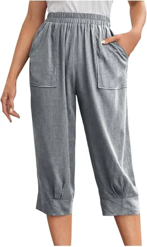 fanmpghleoo Womens Linen Capri Pants Summer Casual Straight Wide Leg Cropped Pants Elastic High Waist Trouser with Pockets