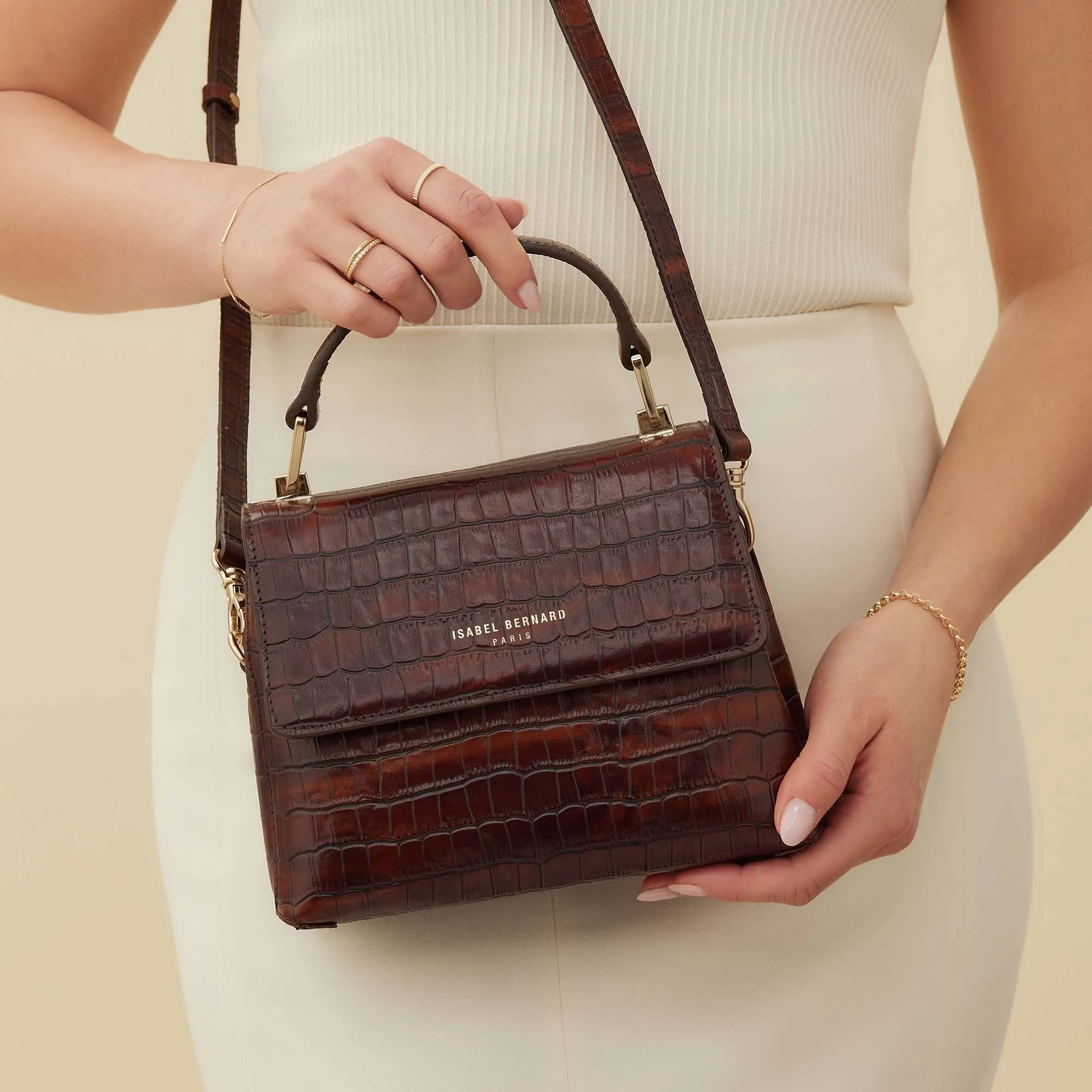 Femme Forte Heline croco brown calfskin leather handbag
