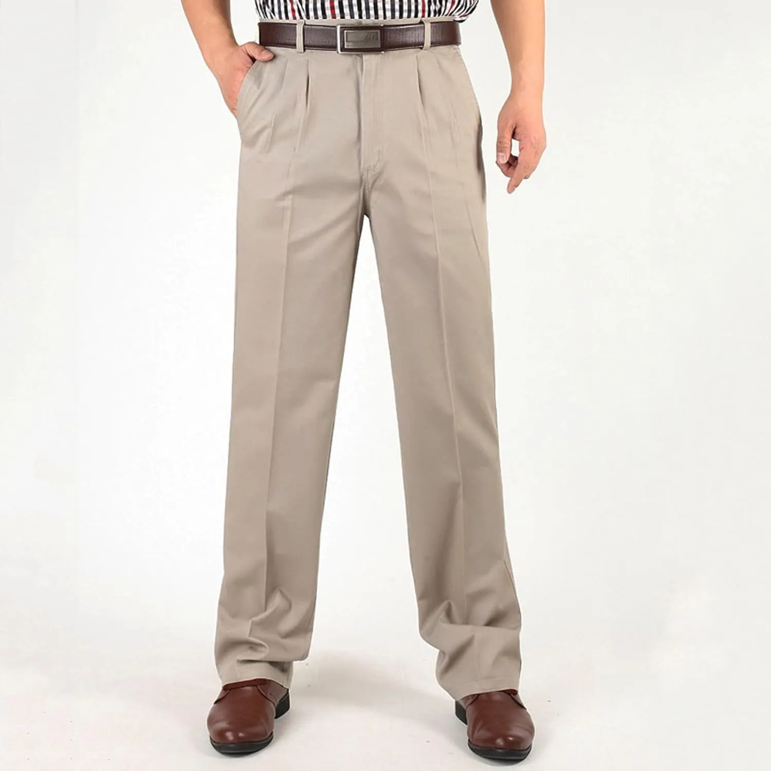 Finelylove Chino Pants Men Pleated Front Twill Dress Pants Loose Fit Flex Business Work Pants Straight Leg Trousers