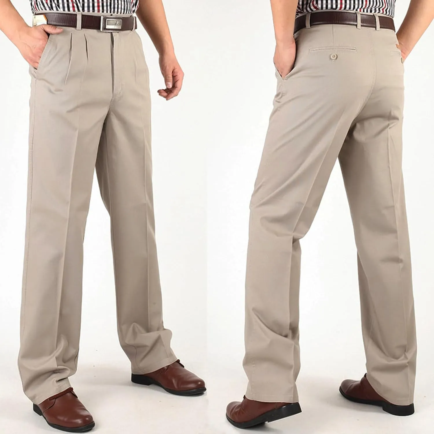Finelylove Chino Pants Men Pleated Front Twill Dress Pants Loose Fit Flex Business Work Pants Straight Leg Trousers