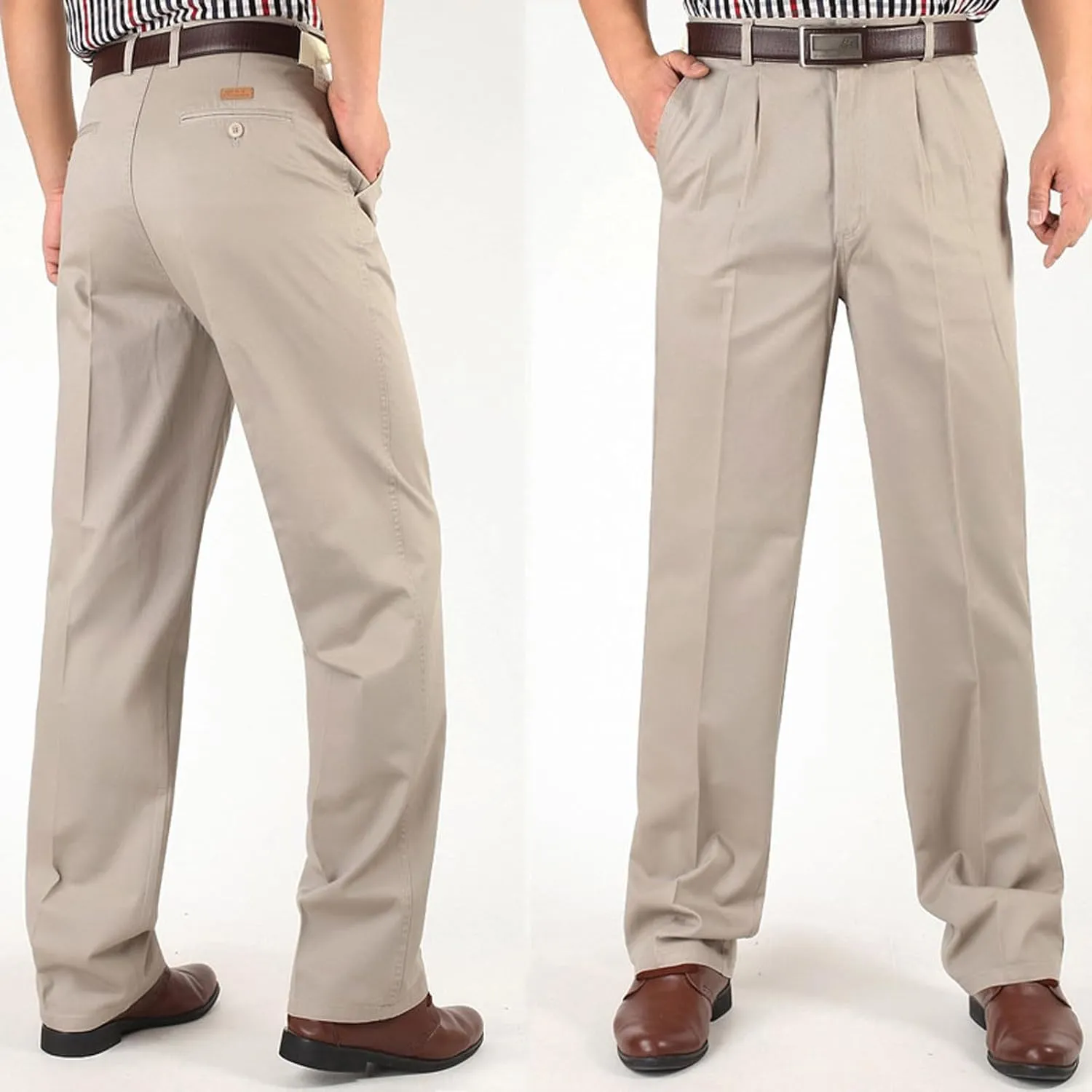 Finelylove Chino Pants Men Pleated Front Twill Dress Pants Loose Fit Flex Business Work Pants Straight Leg Trousers