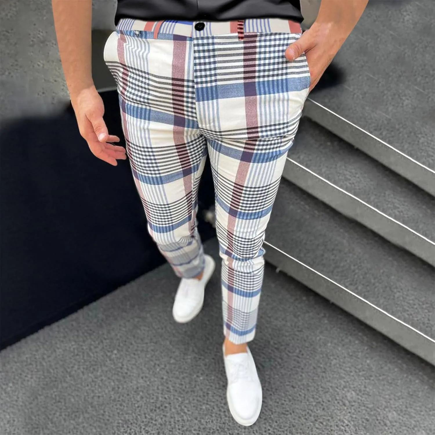 Finelylove Mens Dress Pants Slim Fit Flat Front Casual Plaid Pants Stretch Tapered Business Work Pants Chino Trousers
