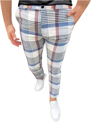 Finelylove Mens Dress Pants Slim Fit Flat Front Casual Plaid Pants Stretch Tapered Business Work Pants Chino Trousers