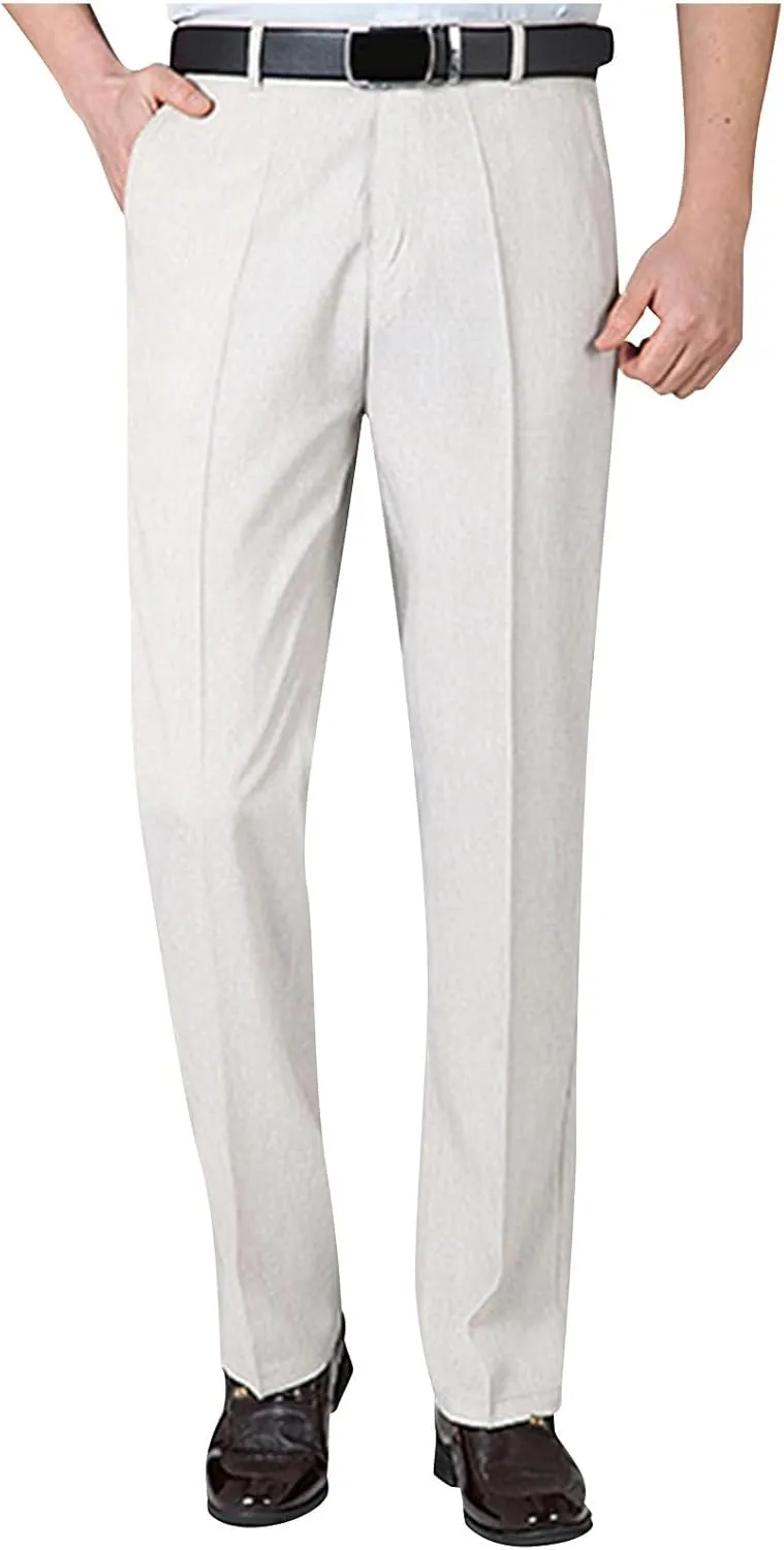 Finelylove Men's Linen Dress Pants Pleated Front Vintage Dress Pants Flex Twill Chino Pants Regular Fit Straight Leg