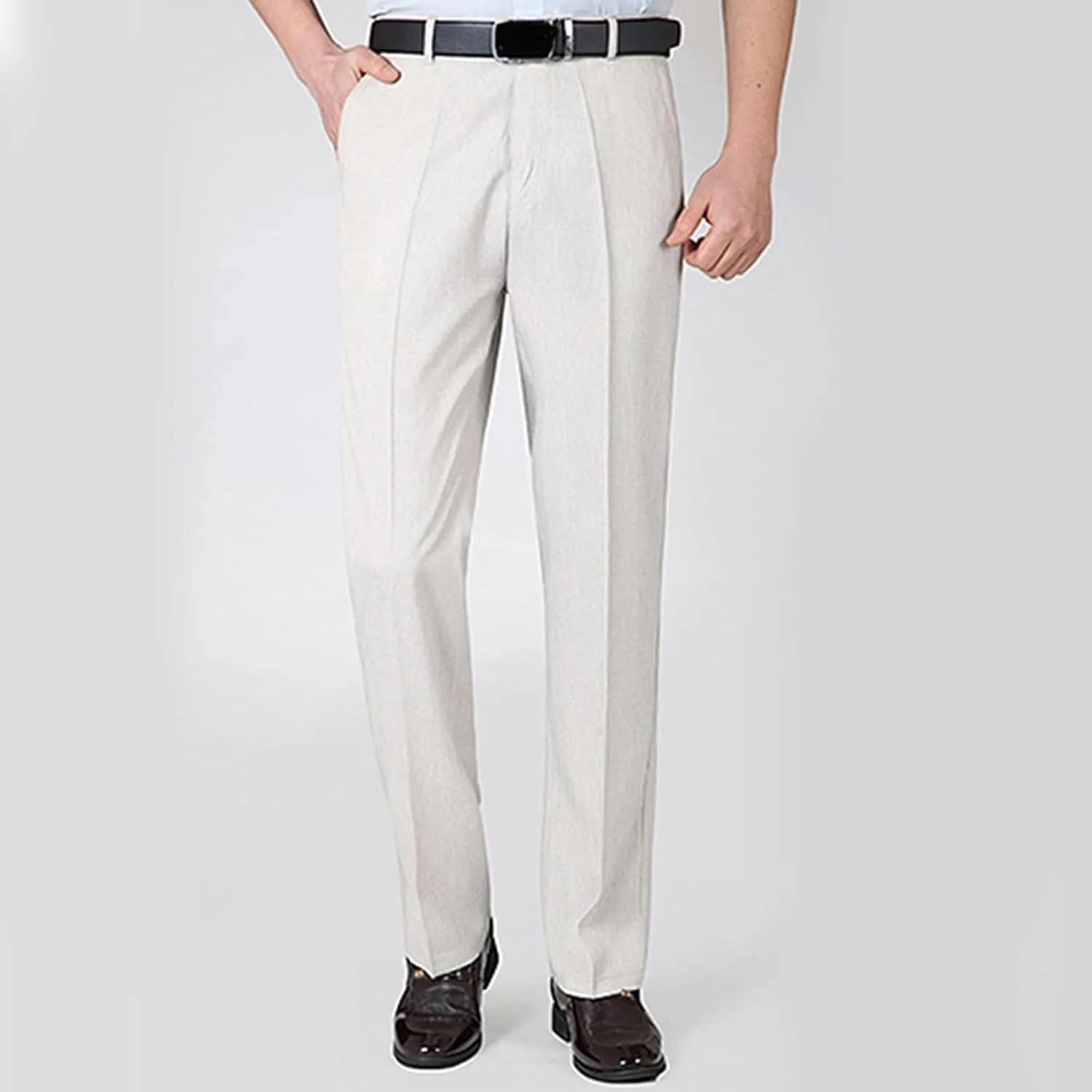 Finelylove Men's Linen Dress Pants Pleated Front Vintage Dress Pants Flex Twill Chino Pants Regular Fit Straight Leg