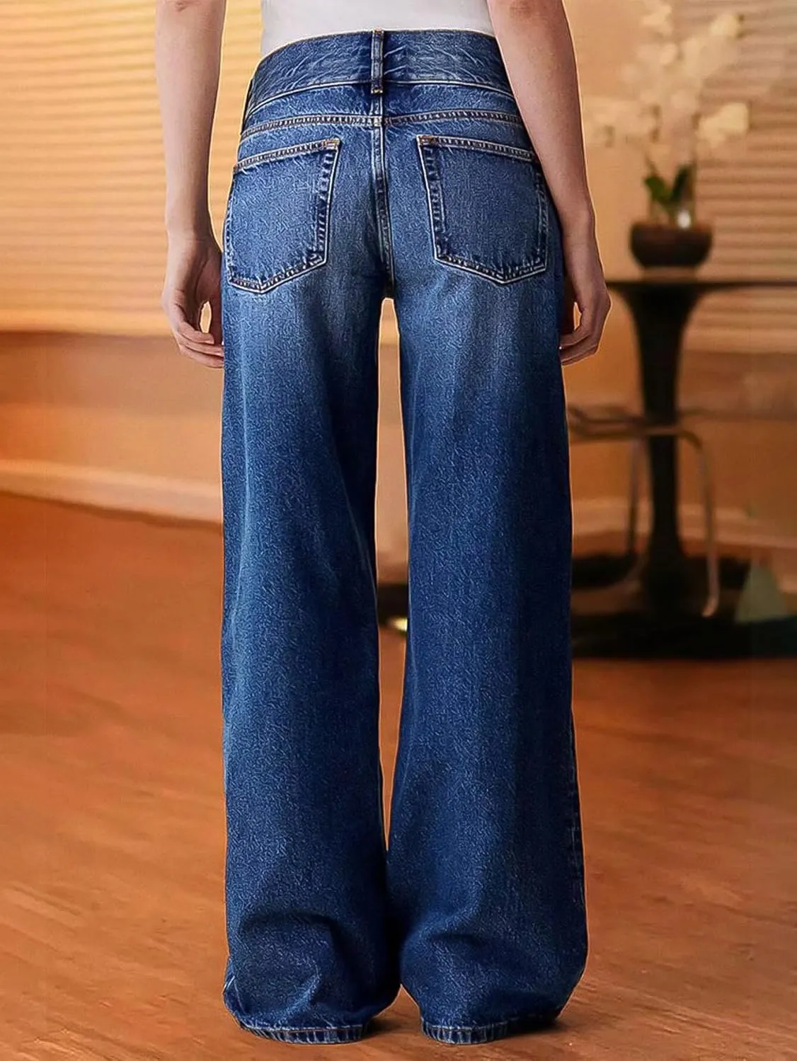 Flamingals Straight Leg Jeans for Women Mid Waist Baggy Double Button Wash Denim Jeans