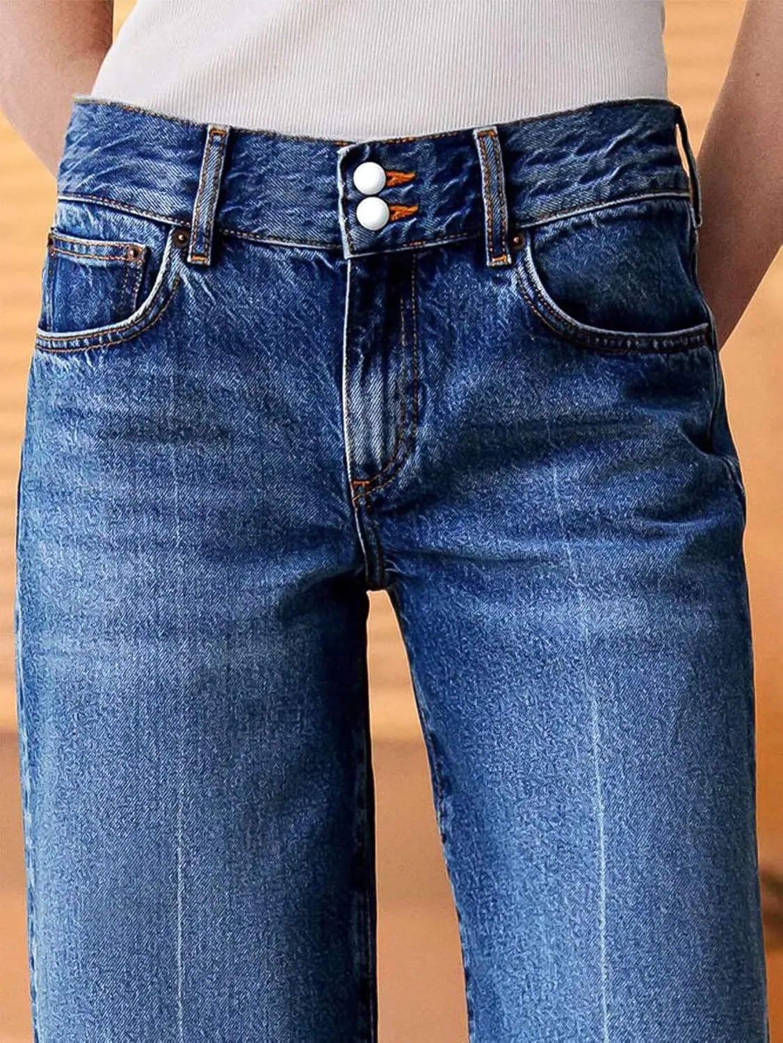 Flamingals Straight Leg Jeans for Women Mid Waist Baggy Double Button Wash Denim Jeans