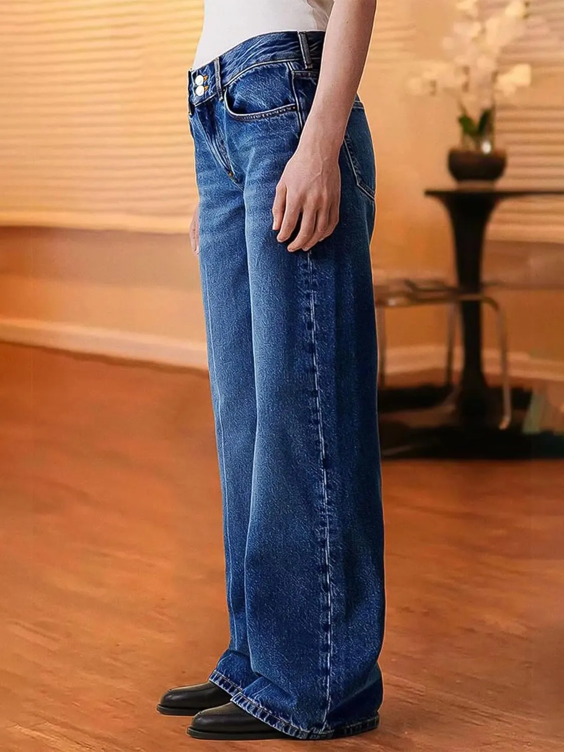 Flamingals Straight Leg Jeans for Women Mid Waist Baggy Double Button Wash Denim Jeans