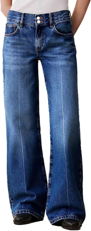 Flamingals Straight Leg Jeans for Women Mid Waist Baggy Double Button Wash Denim Jeans