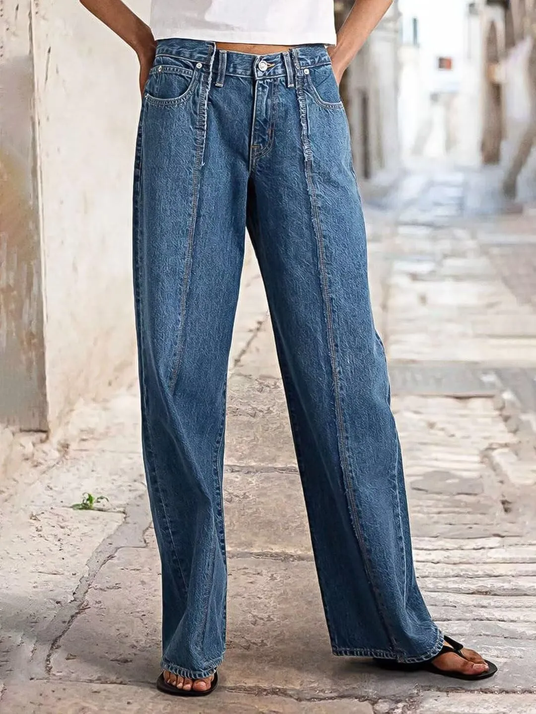 Flamingals Straight Leg Mid Rise Baggy Jeans Boyfriend Denim Strenchy Jeans Without Belt