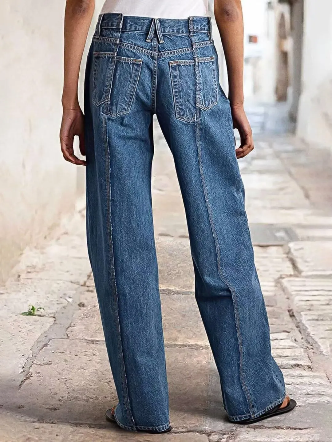 Flamingals Straight Leg Mid Rise Baggy Jeans Boyfriend Denim Strenchy Jeans Without Belt
