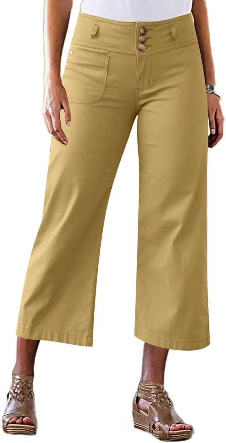 Flamingals Wide Leg Cropped Pants for Women Trendy Mid Rise Button Fly Barrel Jeans Stretchy Casual Ankle Pants