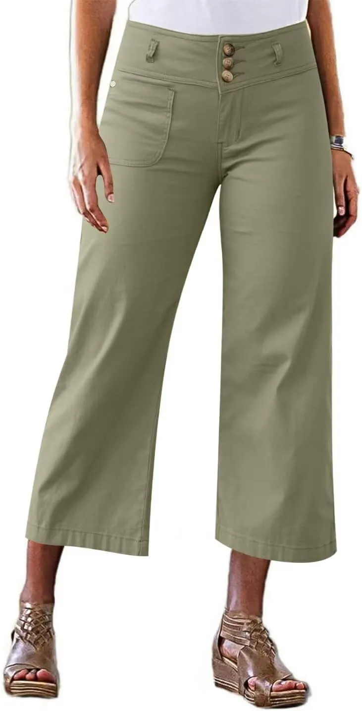Flamingals Wide Leg Cropped Pants for Women Trendy Mid Rise Button Fly Barrel Jeans Stretchy Casual Ankle Pants