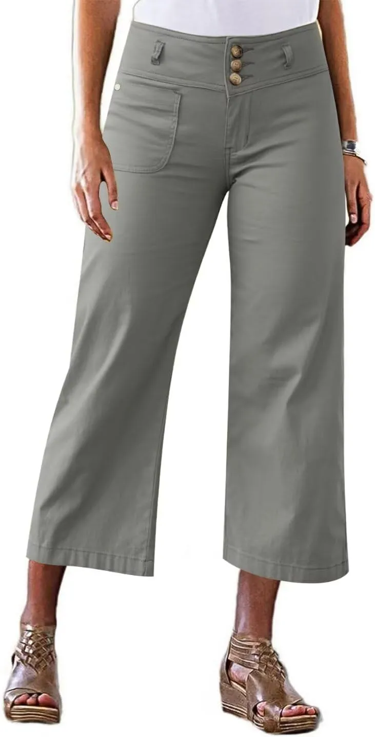 Flamingals Wide Leg Cropped Pants for Women Trendy Mid Rise Button Fly Barrel Jeans Stretchy Casual Ankle Pants