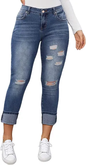 Flamingals Women's Curvy Capri Jeans Skinny Stretchy Butt Lifting Jeans Ripped Denim Jeans