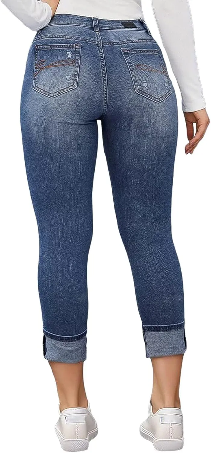 Flamingals Women's Curvy Capri Jeans Skinny Stretchy Butt Lifting Jeans Ripped Denim Jeans