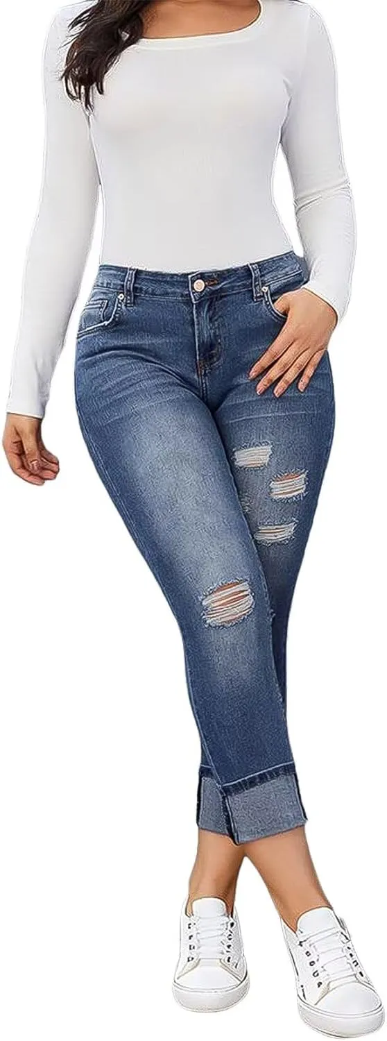 Flamingals Women's Curvy Capri Jeans Skinny Stretchy Butt Lifting Jeans Ripped Denim Jeans