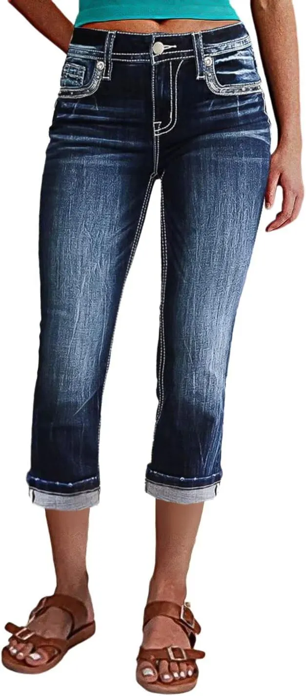Flamingals Women's Denim Capri Jeans for Women Mid Rise Skinny Capri Pants